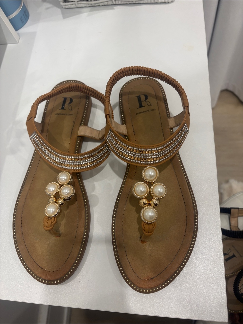 Renee C. Tan Pearl & Rhinestone T-Strap Sandals - Women